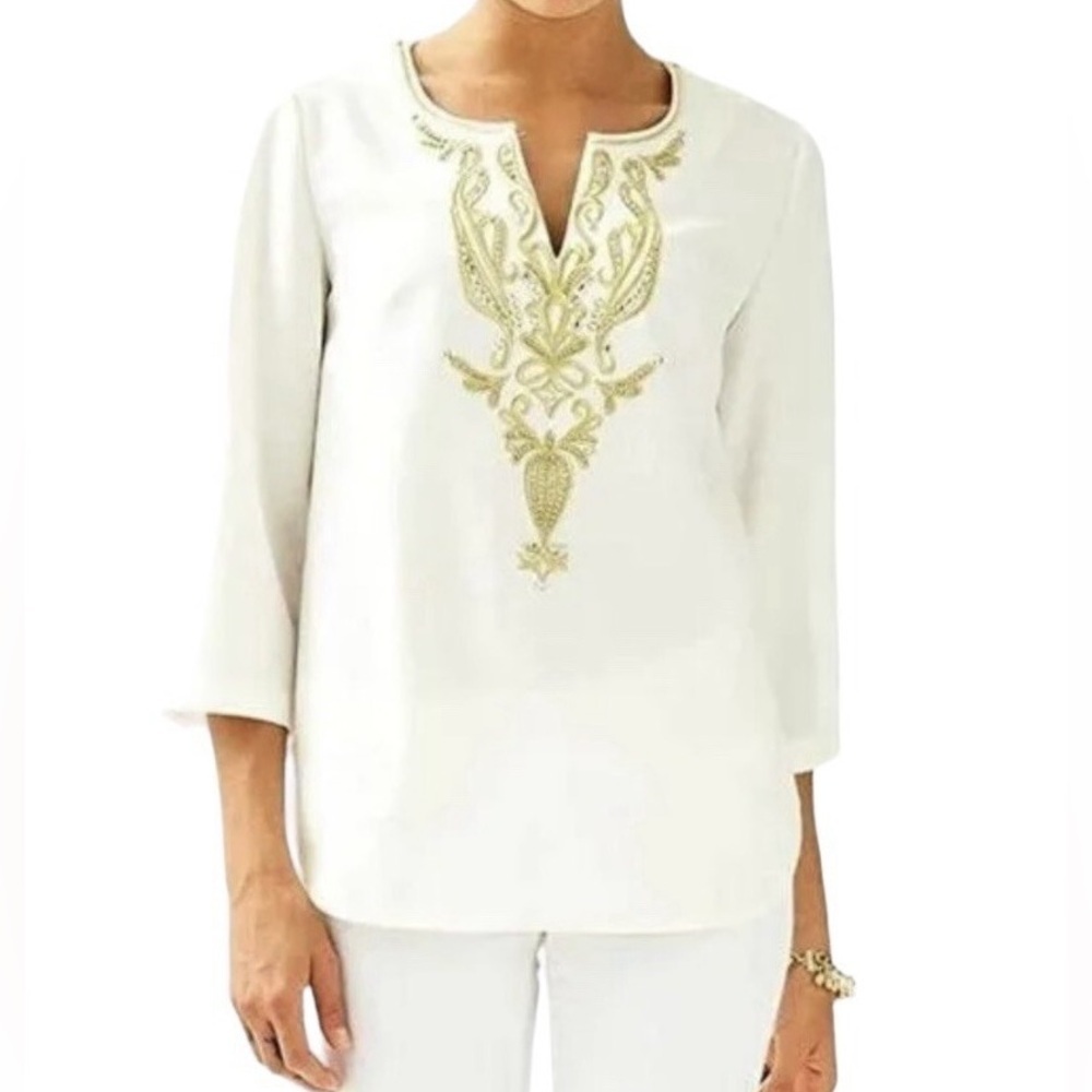 Lilly Pulitzer Dallas Tunic Top Size 6 in Resort White with Gold Embellishment